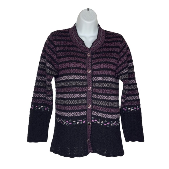 Vintage Wool Park Button Down Embroidered Beaded Knit Sweater Cardigan Large - Picture 2 of 10